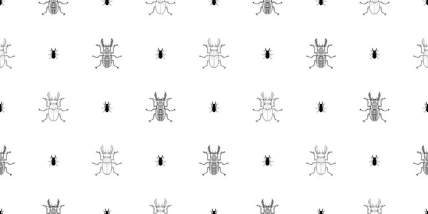 Stag Beetle Bug Graphic Line Black White Seamless Pattern — Stock Vector