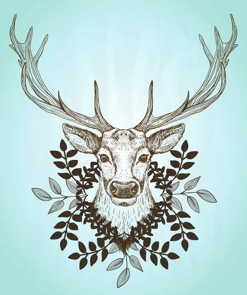 男性鹿フロントビューの肖像画 装飾された葉の花輪 ヴィンテージスタイルのグラフィックイラスト — ストックベクタ