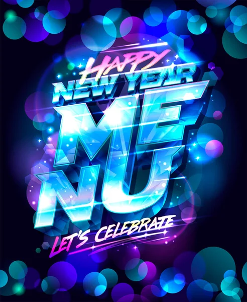 Happy New Year Menucover Design Met Glanzende Ijzige Belettering Discolampen — Stockvector