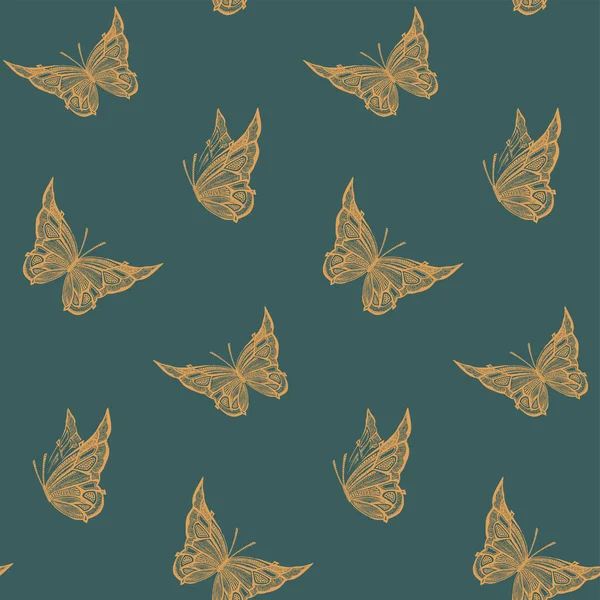 Nahtlose Grüne Muster Mit Fliegenden Schmetterlingen Kunst Grafik Vektor Hintergrund — Stockvektor