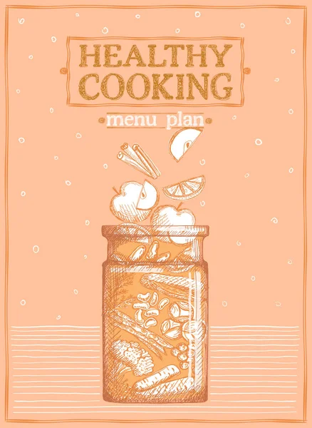 Cartão Menu Cozinha Saudável Ilustração Gráfica Com Frutas Legumes Frasco — Vetor de Stock