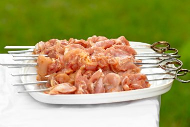 Barbekü üzerinde çiğ tavuk şiş
