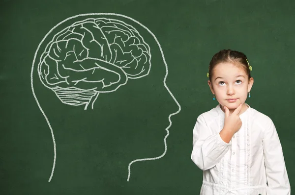 Brain in head on chalkboard — Stock Photo, Image