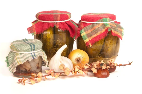 Jars of preserves isolated on white — Stock Photo, Image