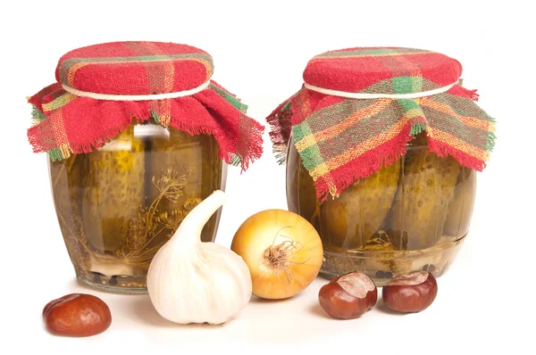 Jars of stocks for the winter on white — Stock Photo, Image