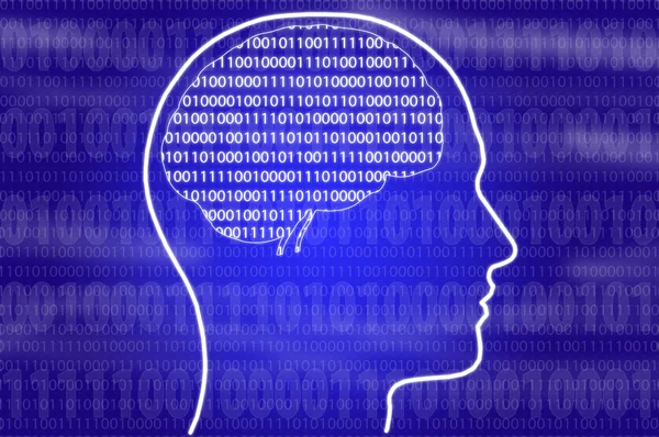 Binary brain in head on blue background — Stock Photo, Image