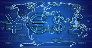 World currency exchange rates on world map clipart