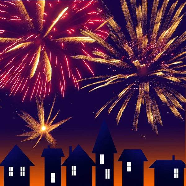 City at night. Fireworks on sky. Happy new year — Stock Photo, Image