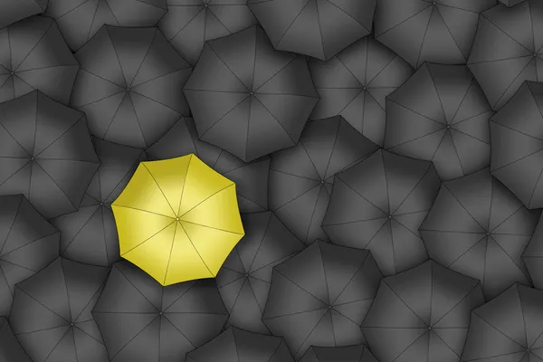 Żółty parasol. jasny żółty parasol wśród zestaw czarny umbre — Zdjęcie stockowe