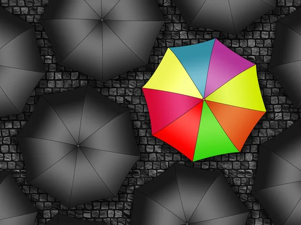Many colors umbrella. Bright umbrella among set of black umbrell — Stock Photo, Image