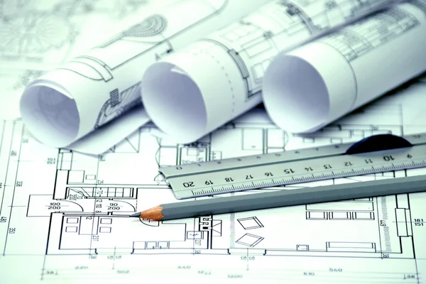 Heap of architectural design and project blueprints drawings of — Stock Photo, Image