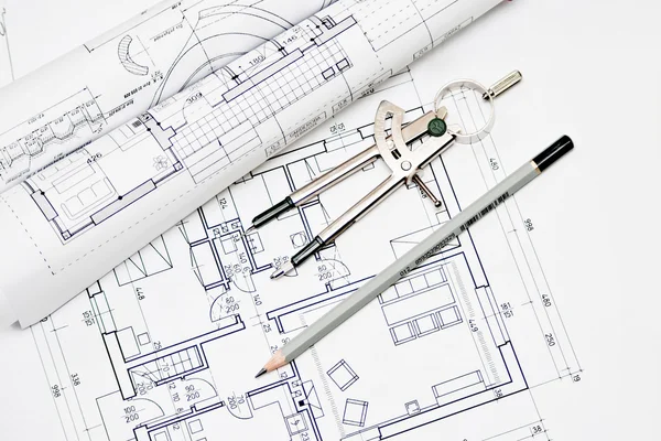 Heap of architectural design and project blueprints drawings of — Stock Photo, Image