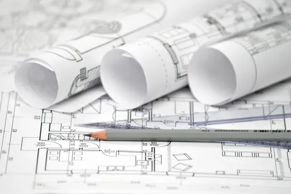 Heap of architectural design and project blueprints drawings of — Stock Photo, Image