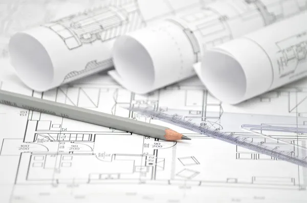 Heap of architectural design and project blueprints drawings of — Stock Photo, Image