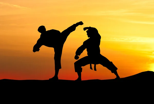 Spelare slåss mot himlen. Karate. — Stockfoto