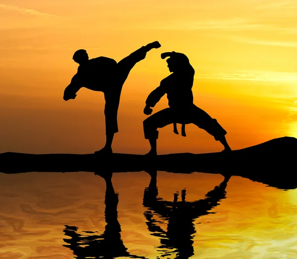 Spelare slåss mot himlen. Karate. — Stockfoto