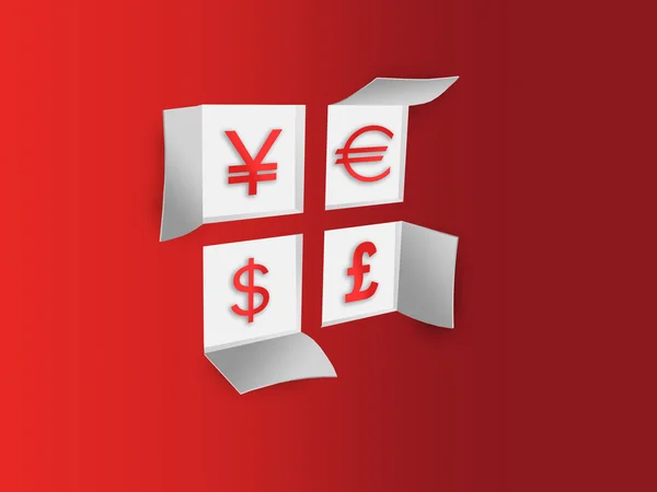 Papierfenster mit den Währungssymbolen Dollar, Euro, Pfund, Yen — Stockfoto