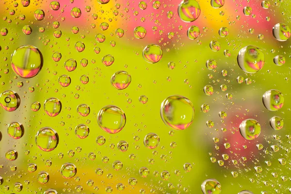 Gocce d'acqua come piccole lenti su uno sfondo colorato . — Foto Stock