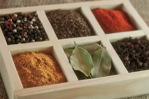Especiarias na caixa: cominho, pimenta, loureiro, caril, páprica, pimenta — Fotografia de Stock