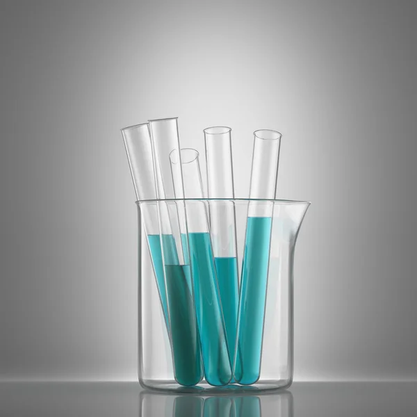 Chemische kolf met een blauwe laboratorium test buizen binnen, isoleren — Stockfoto