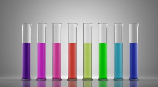 Chemistry laboratory glassware with colour liquids in them. — Stock Photo, Image