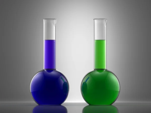 Equipamento de laboratório de ciência de vidro com líquido. frascos com colo — Fotografia de Stock