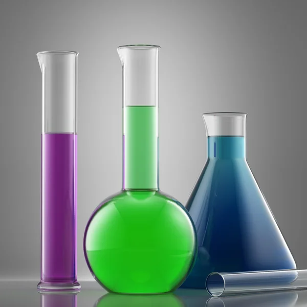 Bilim laboratuvar cam malzemeleri sıvı ile. colo ile şişeler — Stok fotoğraf