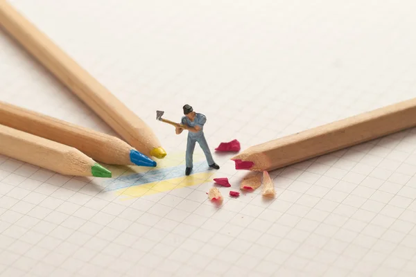 Small lumberjack sharp pencils. School concept — Stock Photo, Image