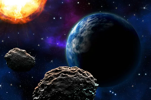 小行星正在接近地球 小行星在美国国家航空航天局提供的这一图像的空间要素中的飞行 — 图库照片