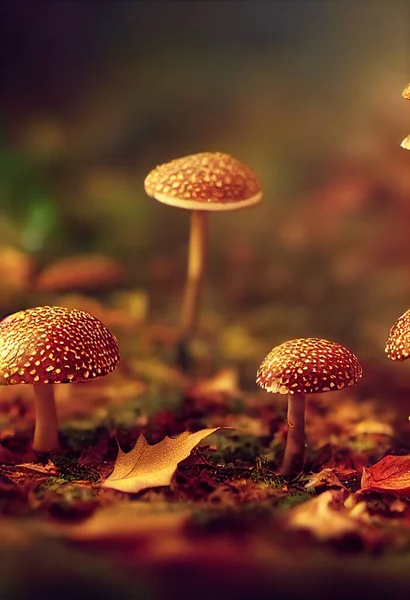 Close Group Toadstools Forest Undergrowth Sunrise — Stock Photo, Image