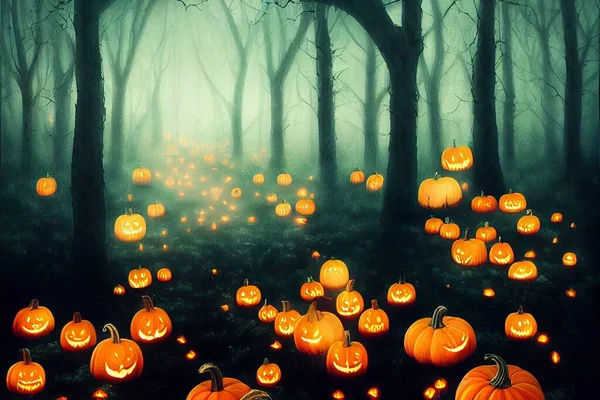 Kézzel Festett Halloween Jelenet Boszorkány Egy Erdőben Tele Jack Lámpások — Stock Fotó