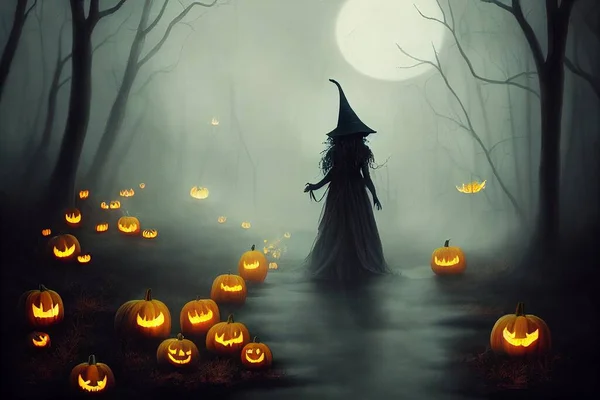 hand painted halloween scene, witch in a forest full of jack-o-lanterns