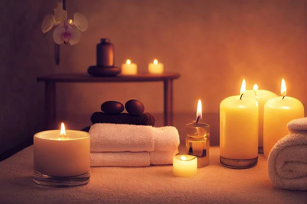 Aromaterapi Skönhetssalong Doftoljor Ljus Och Handdukar — Stockfoto
