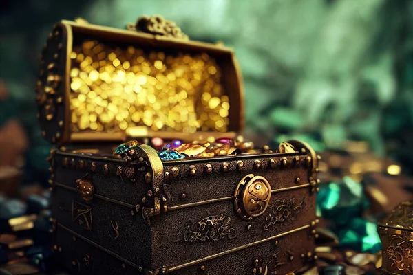 An old pirate chest full of gold and treasures