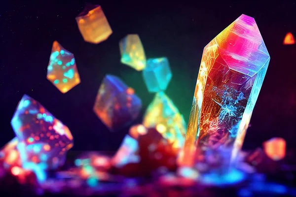 Siyah Arka Planda Güzel Gökkuşağı Renkli Kristaller — Stok fotoğraf
