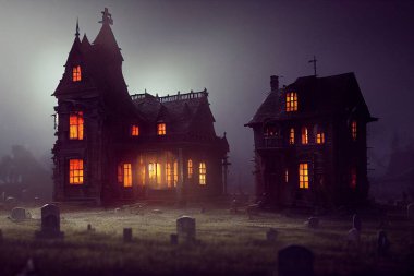 Halloween scene. A dark cemetery with an old house clipart