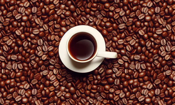 Egy Porcelán Bögrében Felszolgált Kávé Mellette Szétszórt Kávébab — Stock Fotó