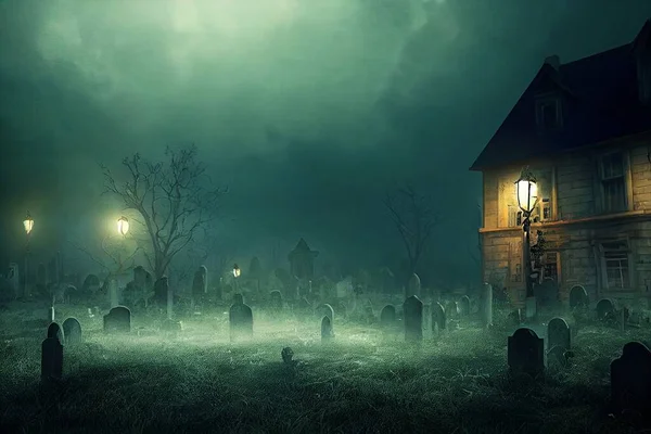 Halloween Szene Ein Dunkler Friedhof Mit Einem Alten Haus — Stockfoto