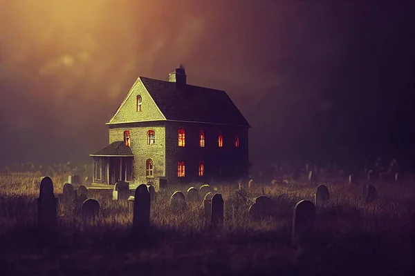 Cena Halloween Cemitério Escuro Com Uma Casa Velha — Fotografia de Stock