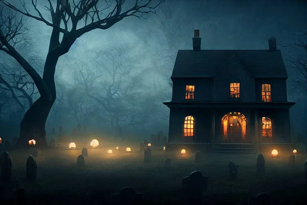 Scena Halloween Ciemny Cmentarz Starym Domem — Zdjęcie stockowe