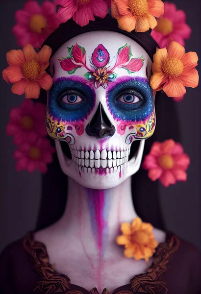 Sugar skull makeup with flower ornament woman face. 3D rendering