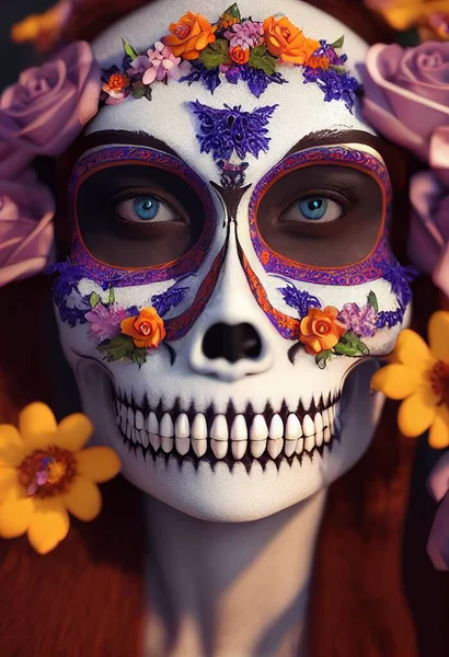 Sugar Skull Makeup Flower Ornament Woman Face Rendering — Stock Photo, Image