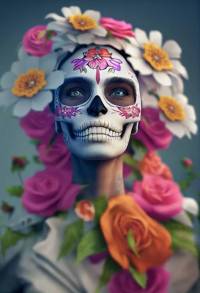 Maquilhagem Crânio Açúcar Com Rosto Mulher Ornamento Flor Renderização — Fotografia de Stock
