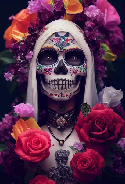 Sugar skull makeup with flower ornament woman face. 3D rendering