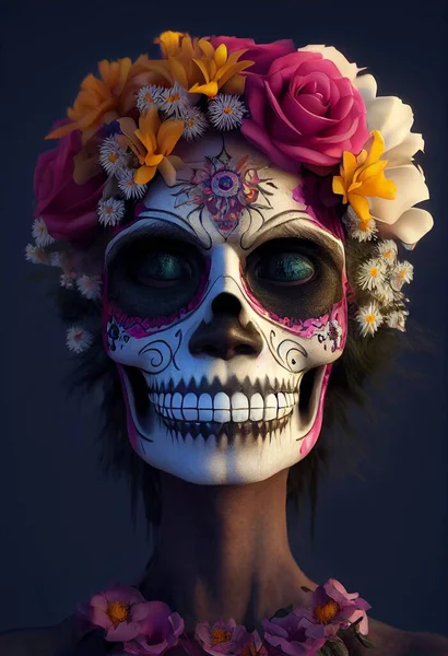 Sugar skull makeup with flower ornament woman face. 3D rendering