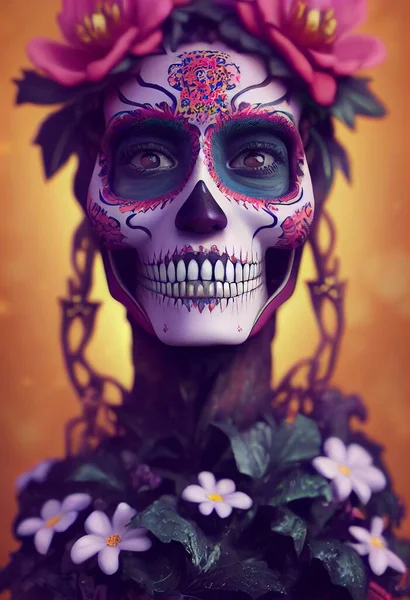 Crâne Sucre Maquillage Avec Ornement Fleur Femme Visage Rendu — Photo