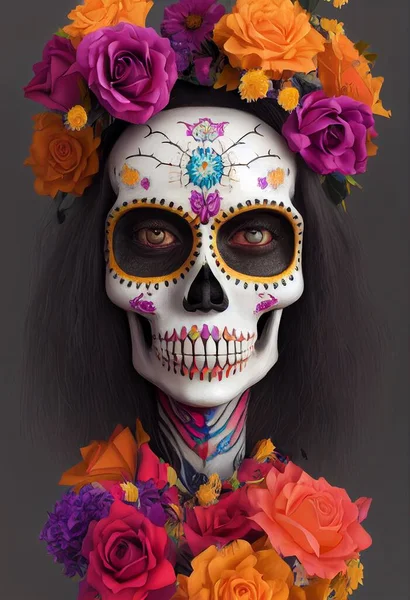 Sugar skull makeup with flower ornament woman face. 3D rendering