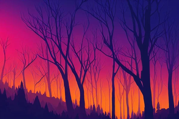 Gezeichnete Umrisse Von Bäumen Und Hügeln Auf Farbigem Hintergrund Handzeichnung — Stockfoto