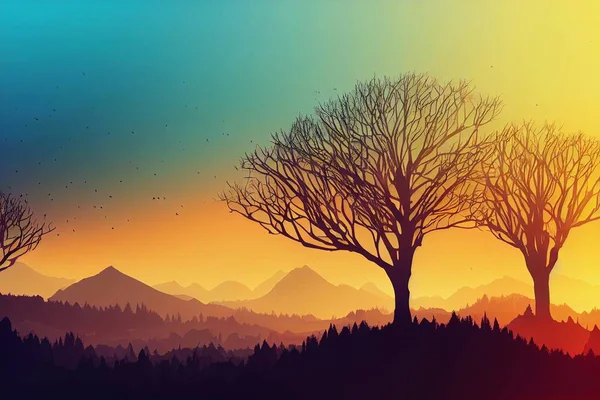 Narysowane Zarysy Drzew Wzgórz Kolorowym Tle Ręcznie Rysowane — Zdjęcie stockowe