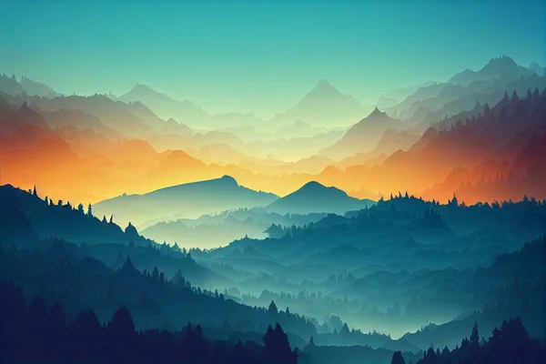Narysowane Zarysy Drzew Wzgórz Kolorowym Tle Ręcznie Rysowane — Zdjęcie stockowe